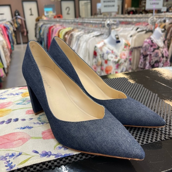 Marc Fisher Shoes - Marc Fisher Dark Denim Pointed Toe Block Heel Pumps